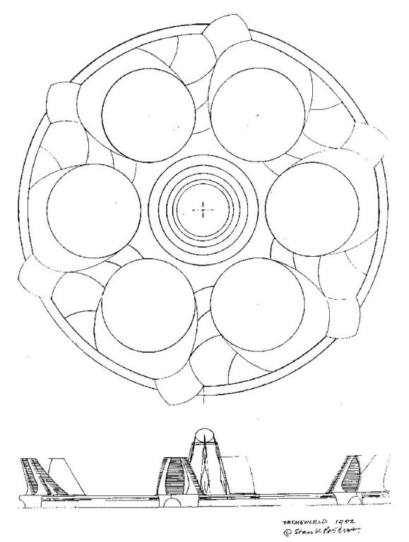 Each circle repesented a time zone going on a  journey from the begining to end of time using a monorail link.